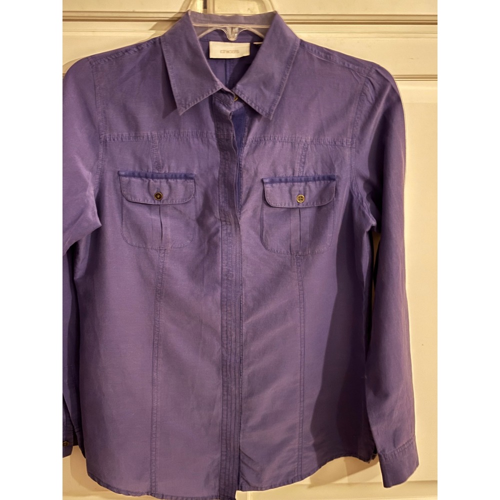 Chicos Purple Long Sleeve Button Down Shirt Utility Pocket Blouse Womens